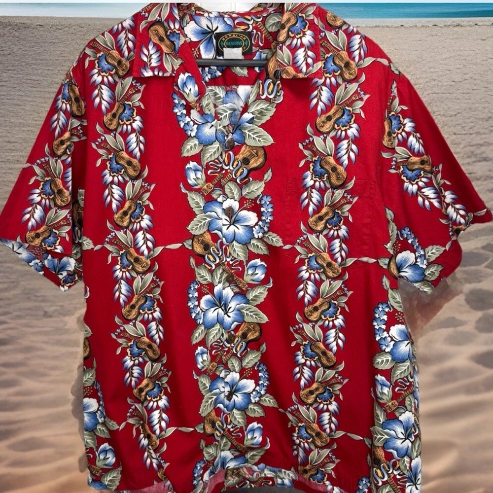 Hawaiian Reserve Collection Shirt Mens XL Red Cotton SS Button Up Ukulele Tropic